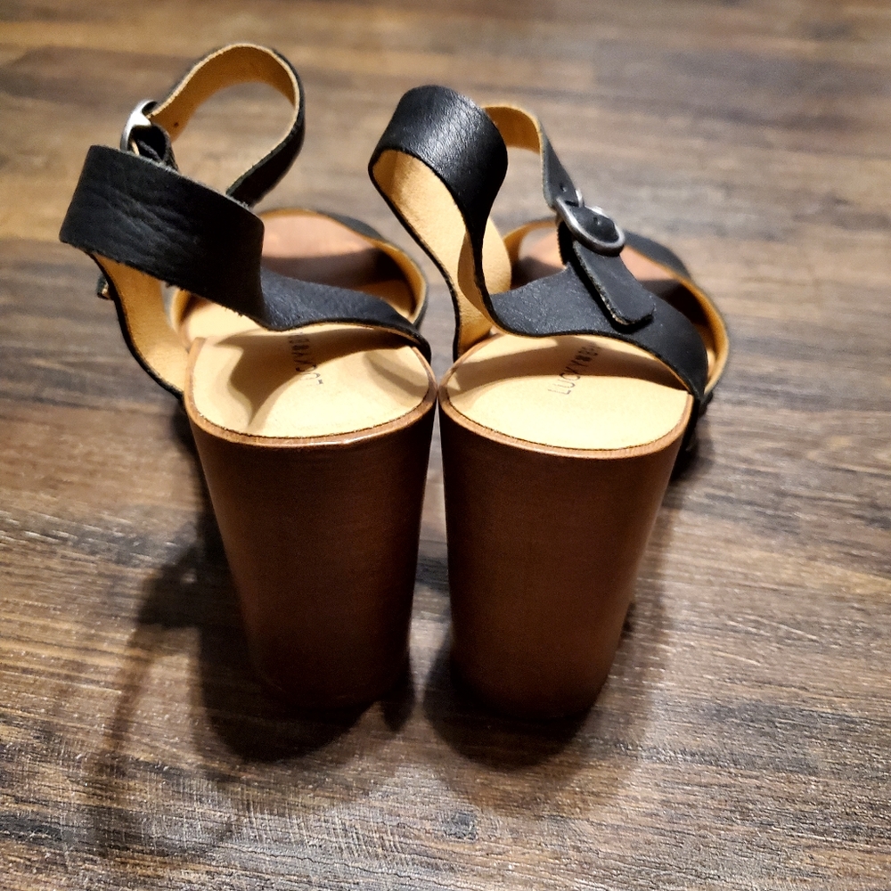 Lucky Brand 8.5/39 Open Toe Black Leather Wooden Platform Wedge Heels Za… - Picture 3 of 5